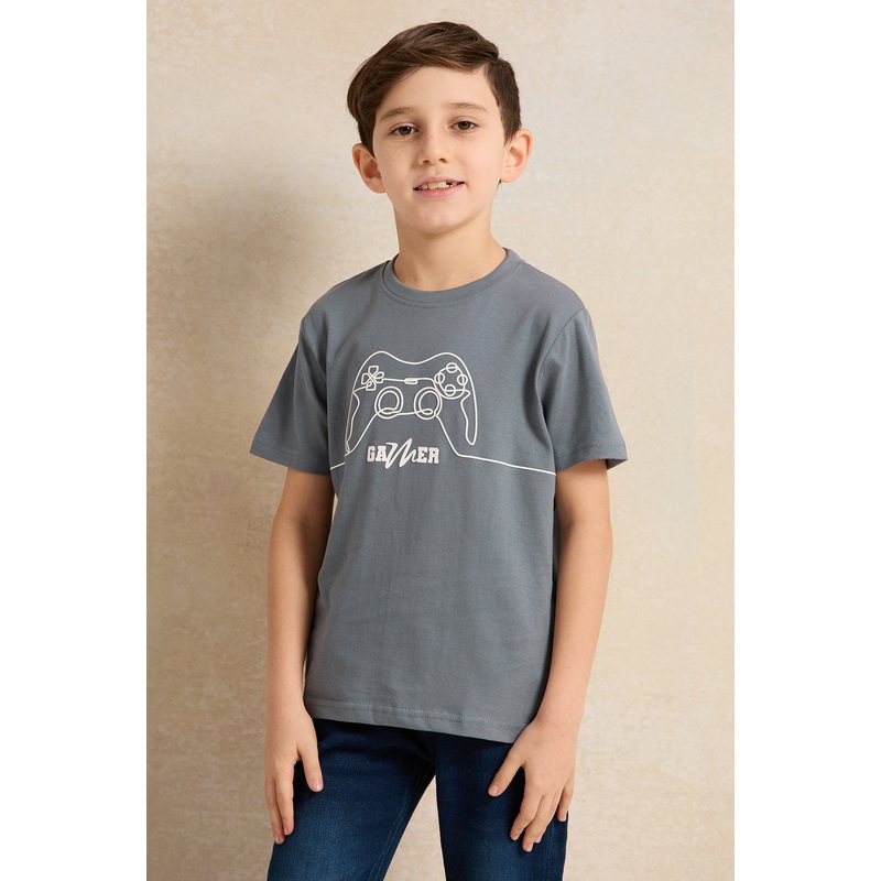 Boys Grey Gamer Print Short Sleeve T-Shirt