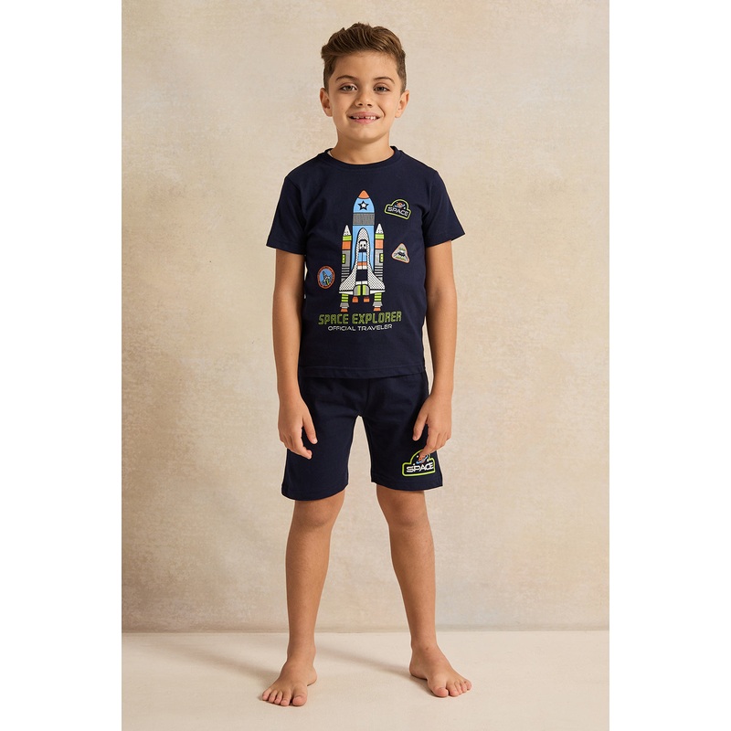 Boys Navy Printed Night Wear Set (2 Piece)