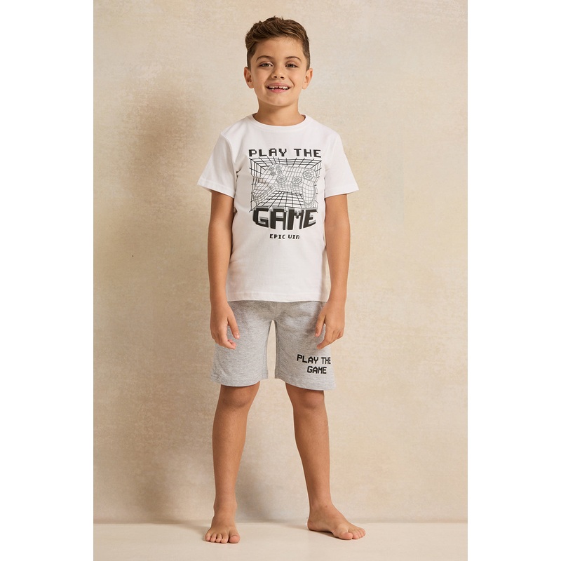 Boys White And Grey Printed Night Wear Set (2 Piece)