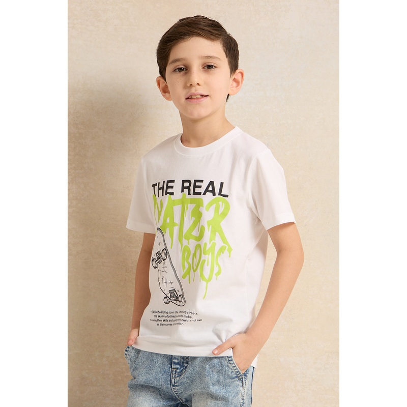 Boys White Skater Print Short Sleeve T-Shirt