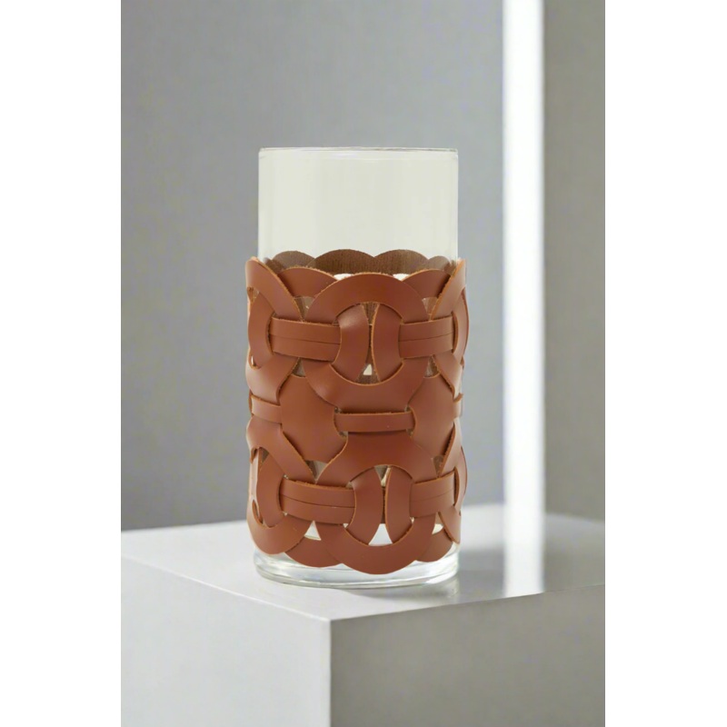Brown Leather And Glass Candle Holder