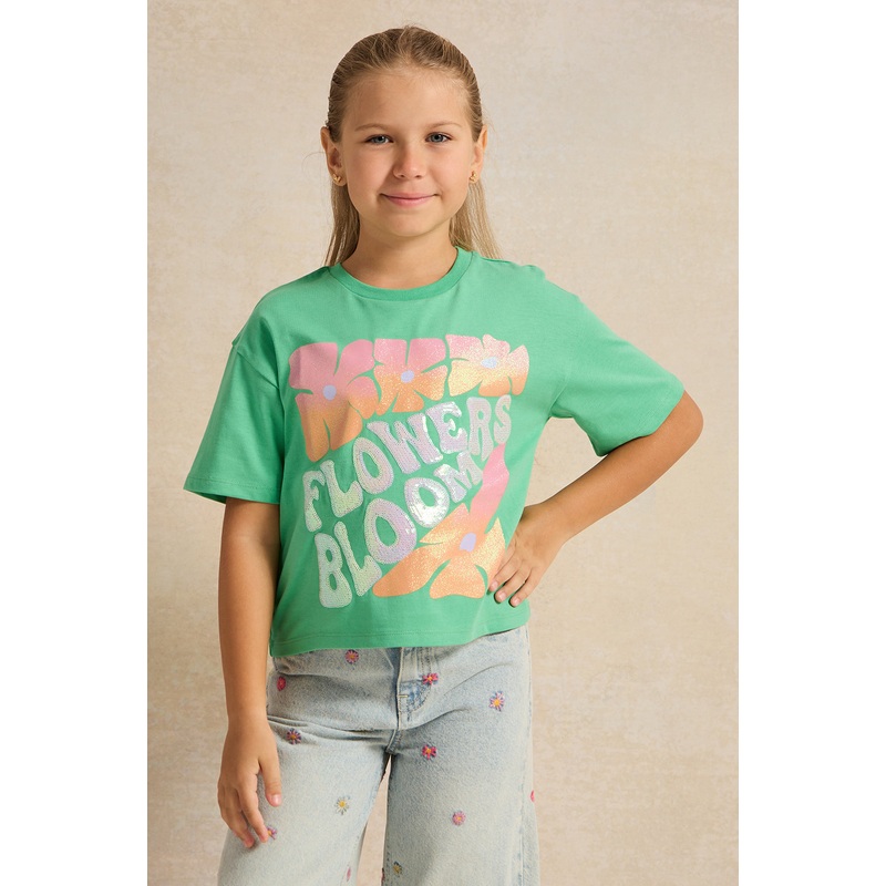 Girls Green Flowers Bloom Printed T-Shirt