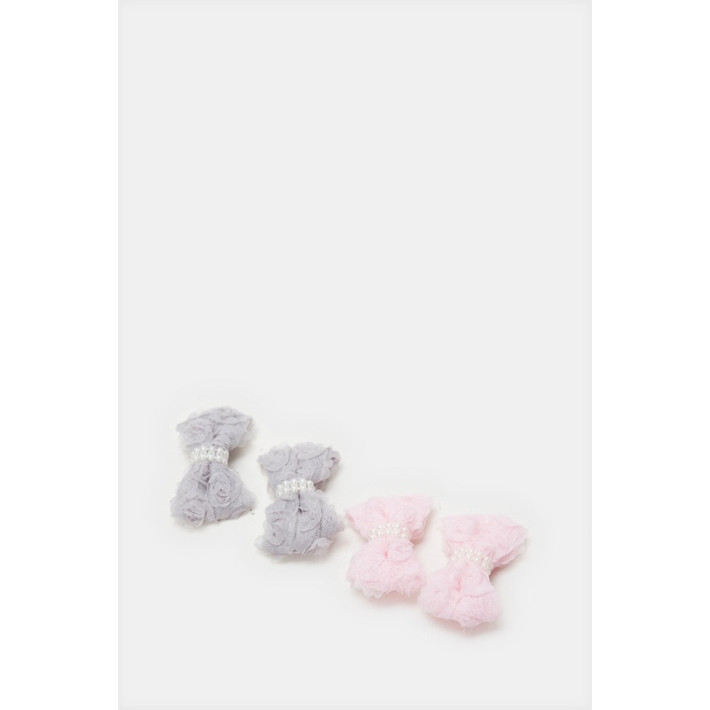 Girls Grey And Pink Embellished Hair Clip Set (4 Piece)