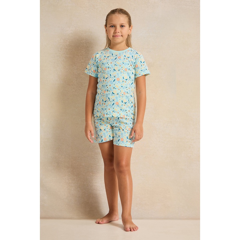 Girls Mint Printed Short Pyjama Set (2 Piece)