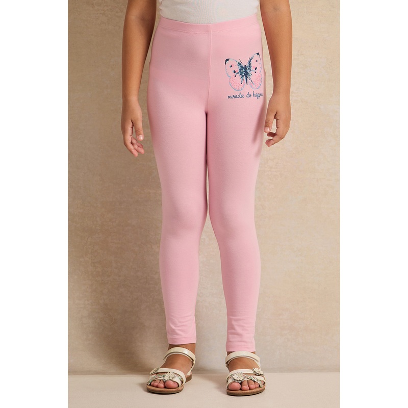 Girls Pink Butterfly Printed Leggings