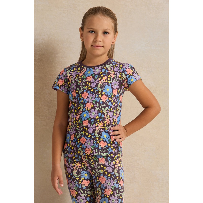 Girls Purple Floral Print T-Shirt