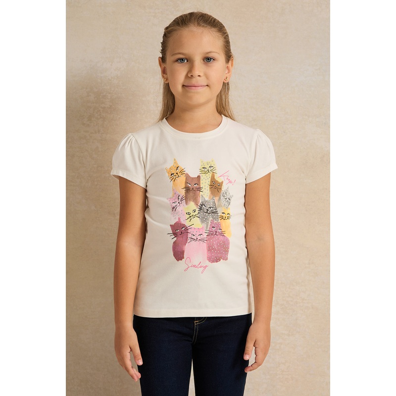 Girls White Cats Printed T Shirt
