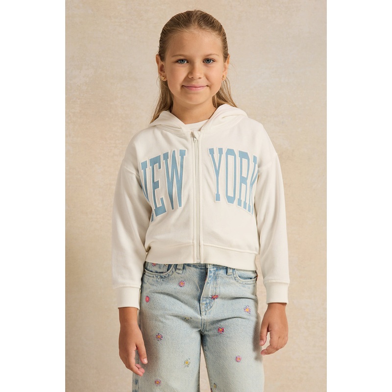 Girls White New York Printed Hooded Sweatshirt