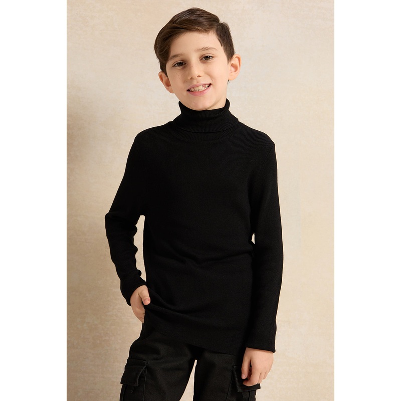 Junior Boys Black Plain High Neck Pullover