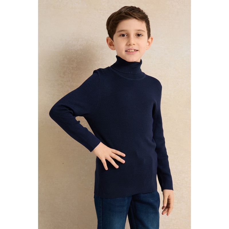 Junior Boys Navy Plain High Neck Pullover
