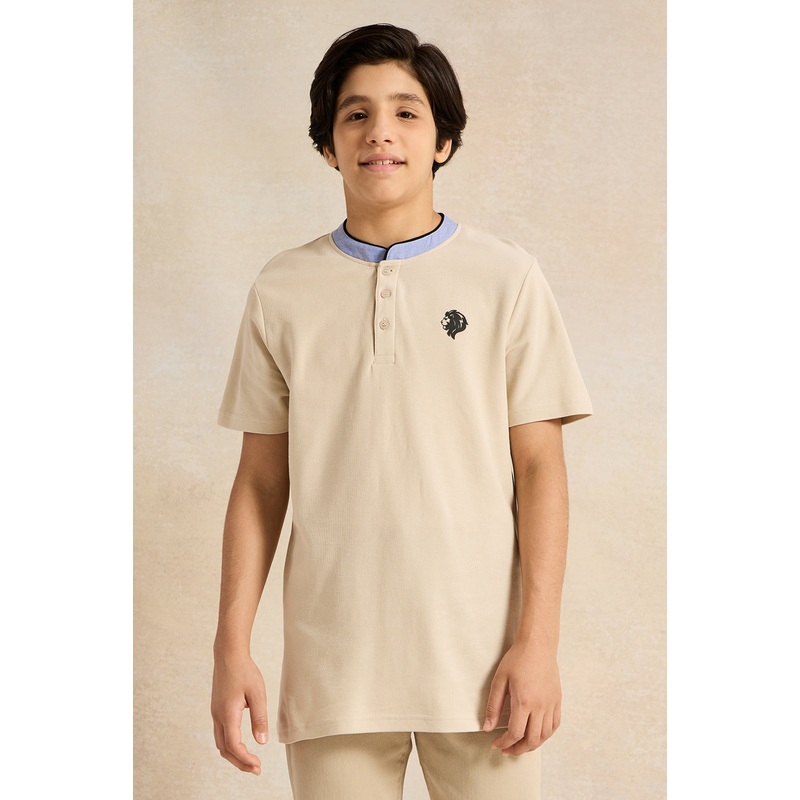 Senior Boys Beige Chambray Mandarin Collar Polo T-Shirt