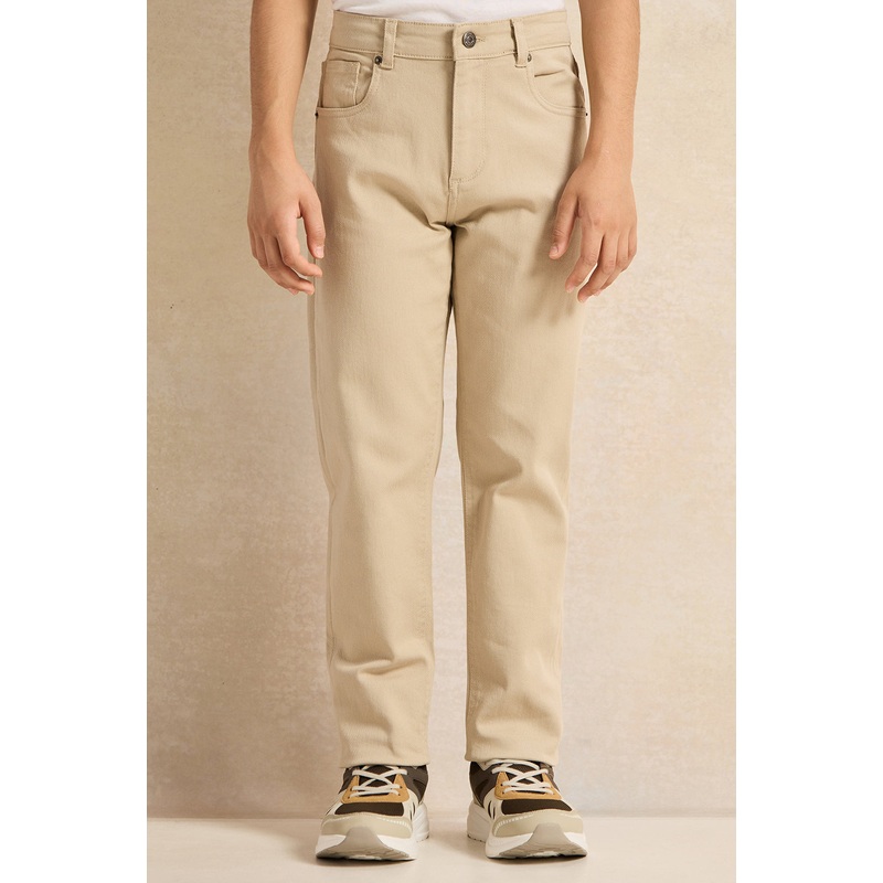 Senior Boys Beige Plain 5 Pocket Jeans