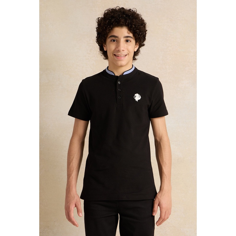 Senior Boys Black Button Collar Polo T-Shirt