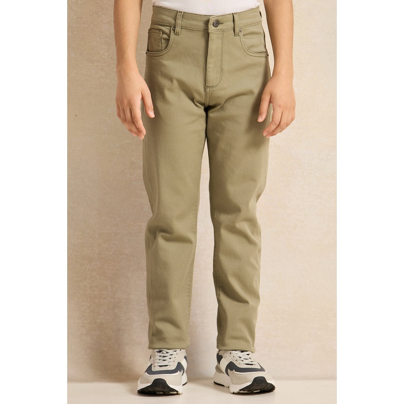 Senior Boys Green Plain 5 Pocket Jeans