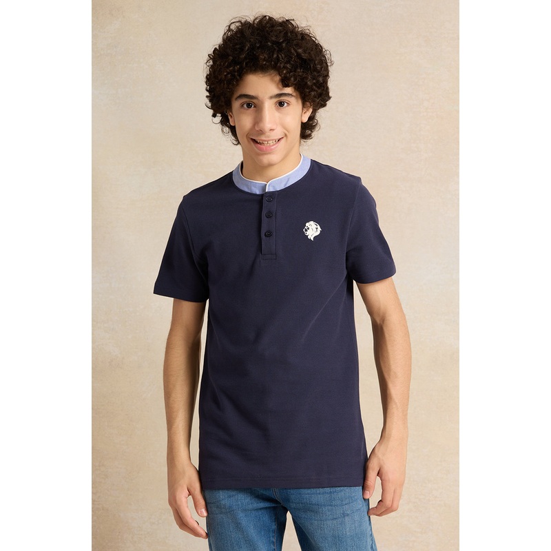 Senior Boys Navy Mandarin Collar Polo T-Shirt