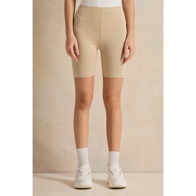 Senior Girls Beige And Green Cycling Shorts Set (Pack of 2)