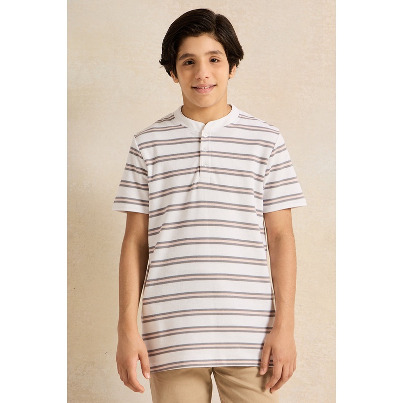 Senior White And Grey Mandarin Collar Stripe Polo T-Shirt