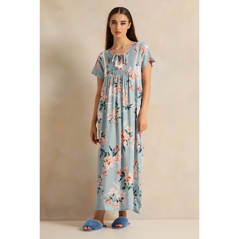 Women Blue Printed Night Gown|UK10|UK12|UK14|UK16|UK18|UK20