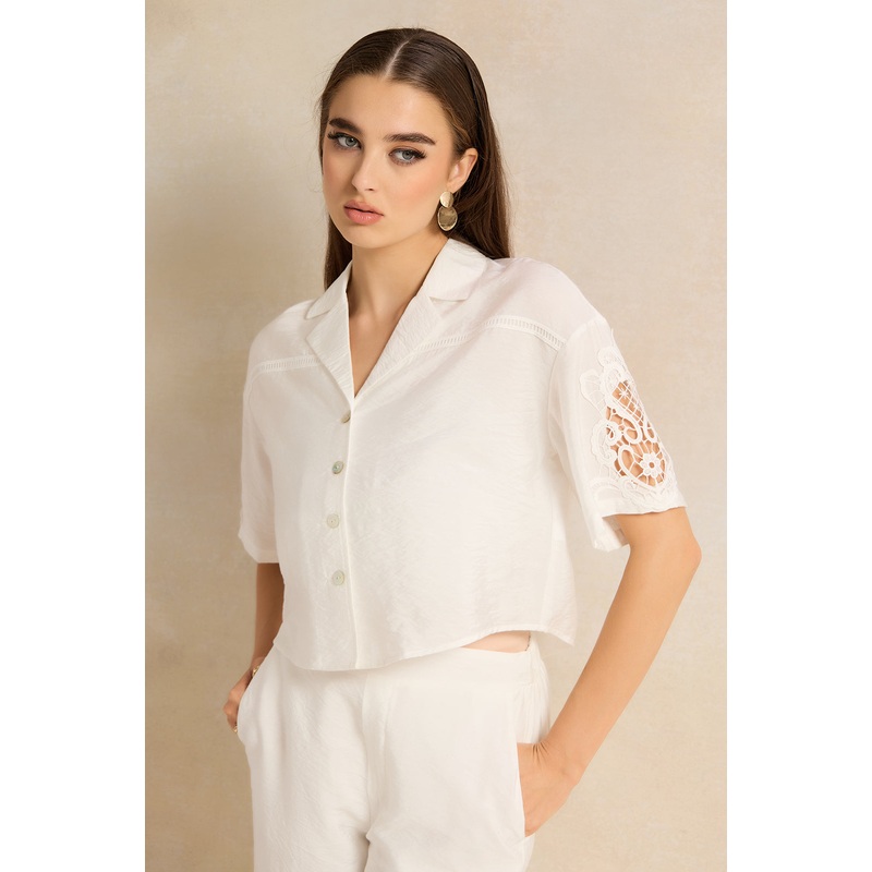Women Ivory Embellished Cropped Shirt Blouse