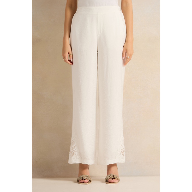 Women Ivory Embellished Wide Leg Trousers