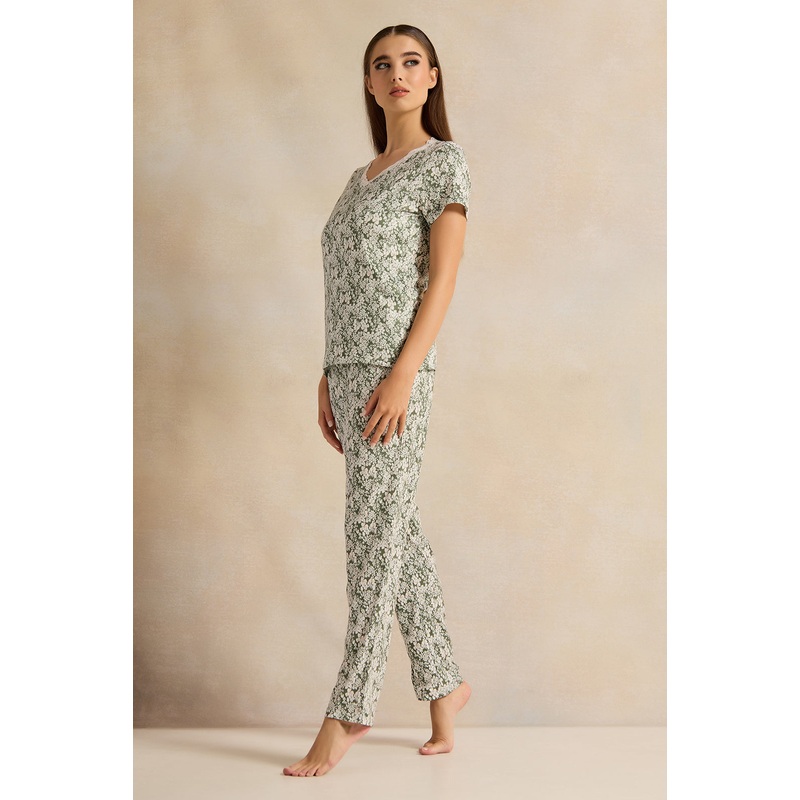 Women Olive Printed Pajama Set (2 Piece)