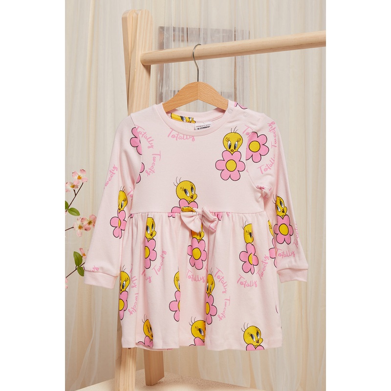 Infant Girls Pink Tweety Print Long Sleeve Knit Dress