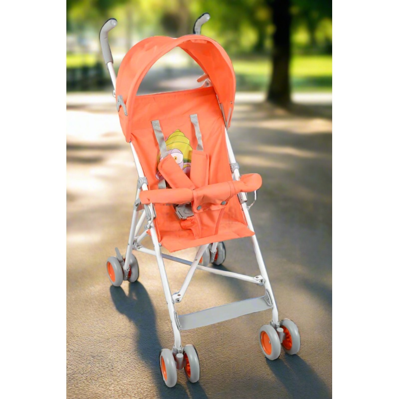 Orange Printed Baby Buggy With Round Canopy