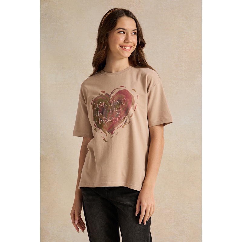 Senior Girls Beige Heart Printed Oversize T-Shirts