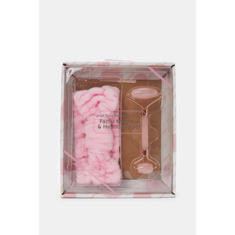 Women Pink Jade Dual-Sided Facial Roller With Headband Gift Set