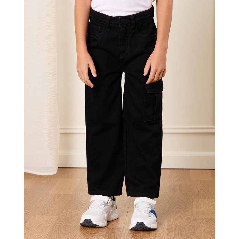 Boys Black Side Cargo Pocket Straight Fit Jeans