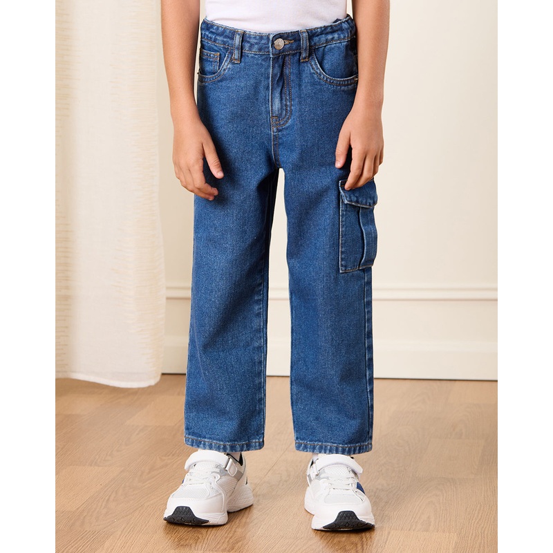 Boys Navy Side Cargo Pocket Straight Fit Jeans