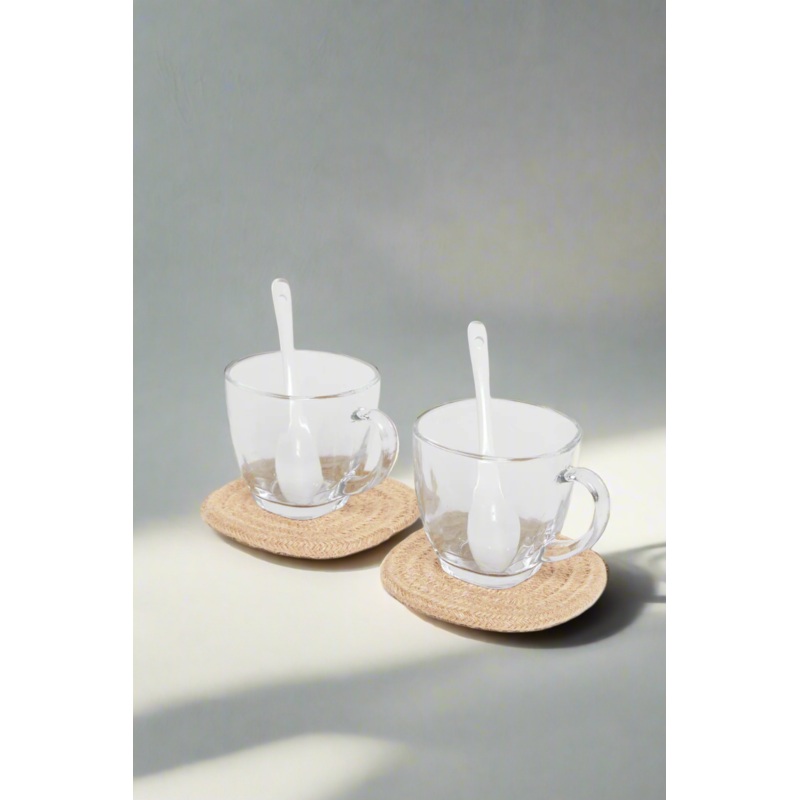 Clear Glass Cup With Cotton Rope Coaster And Spoon ( 6 Piece)