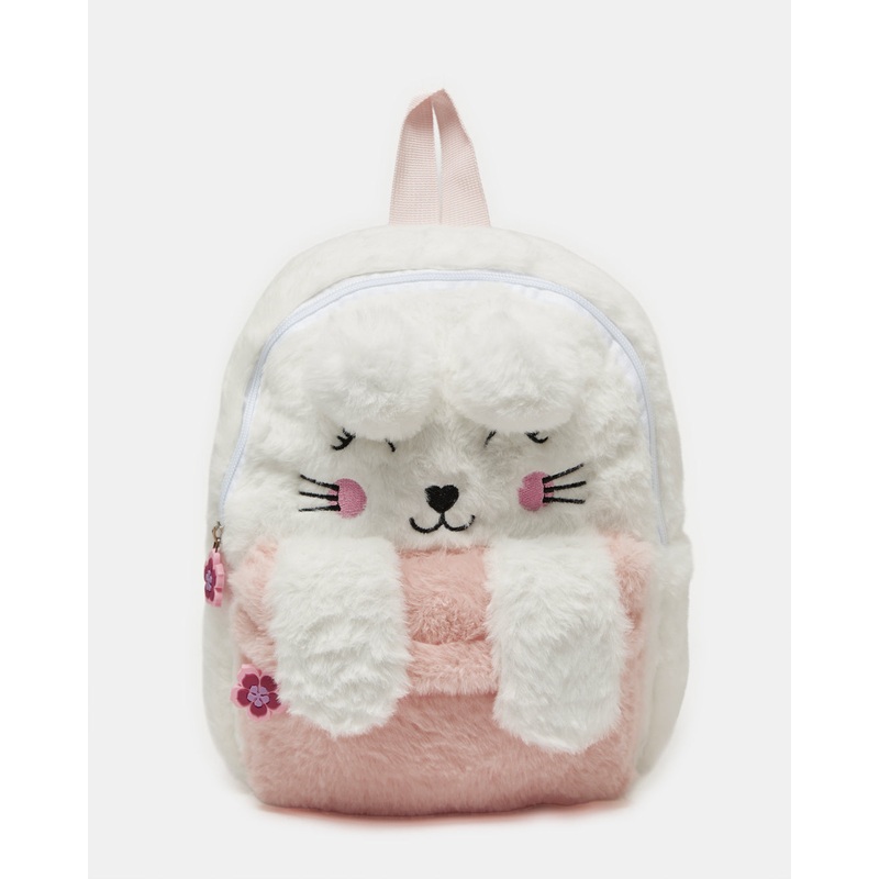 Girls Beige And Pink Faux Fur Backpack