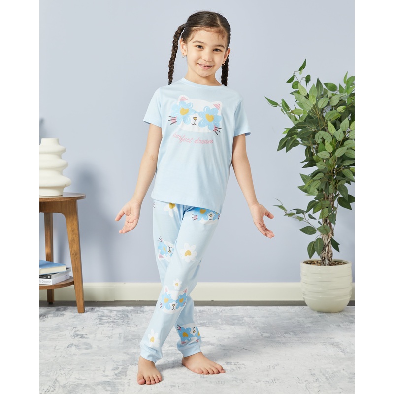 Girls Blue Cat Print Pyjama Set (2 Piece)