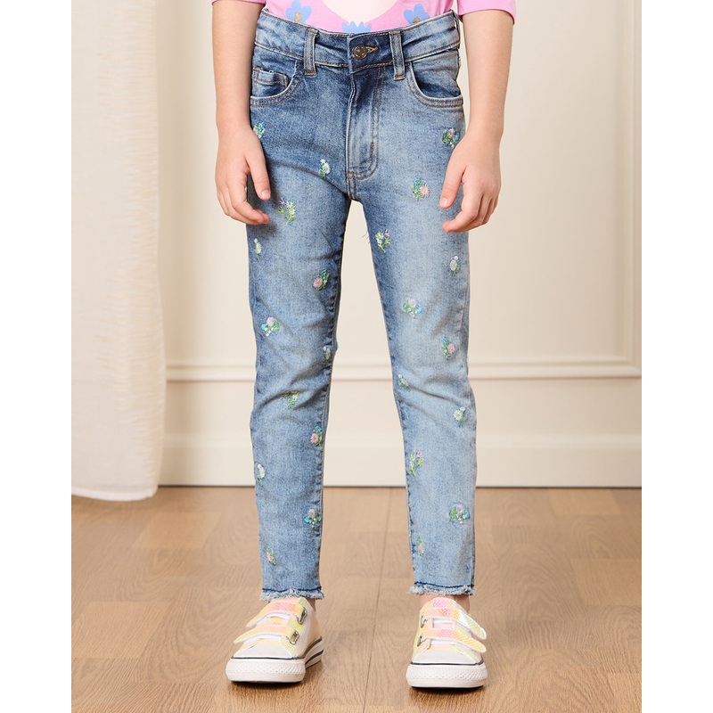 Girls Blue Embroidered Slim Fit Jeans