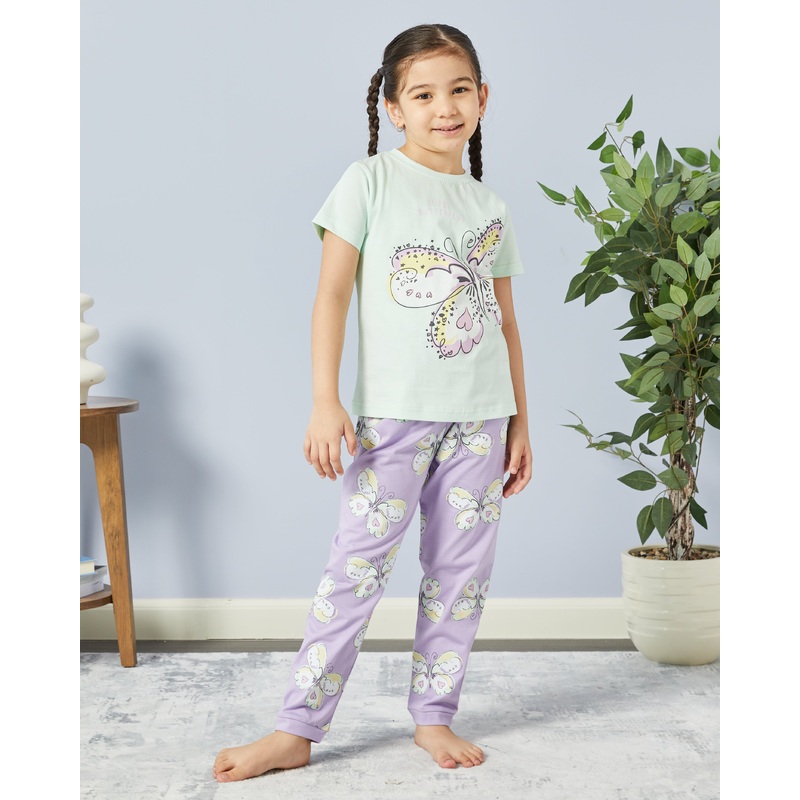 Girls Mint And Lilla Butterfly Print  Pyjama Set (2 Piece)