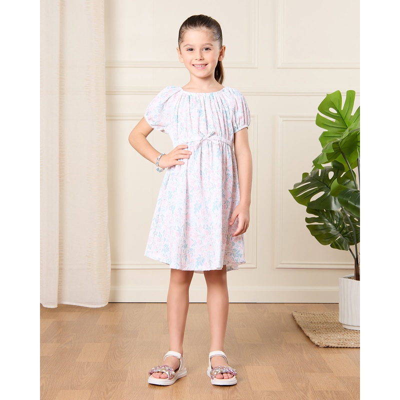 Girls Multicolour Printed Dress With Bow