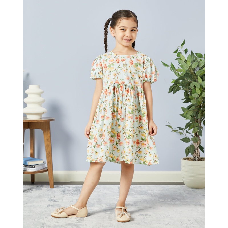 Girls Pink Floral Print Poplin Dress