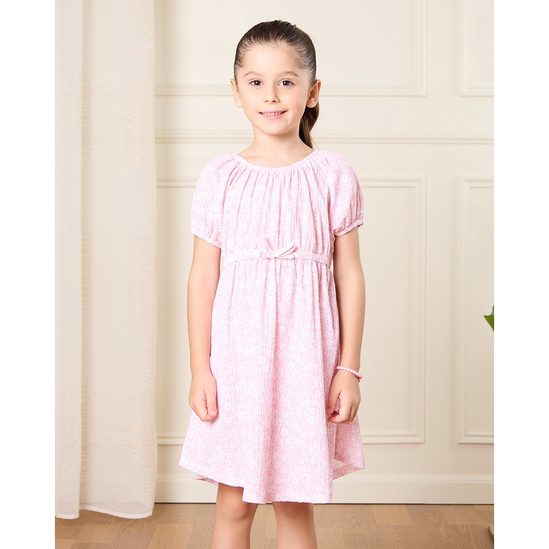 Girls Pink Printed Dress With Bow