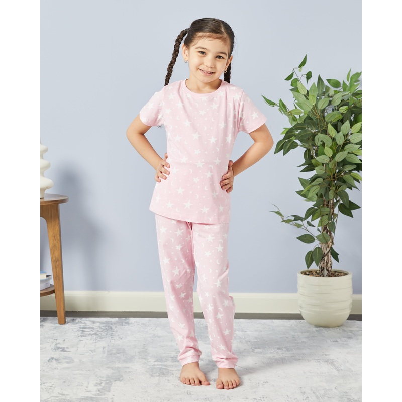 Girls Pink Star Print Pyjama Set (2 Piece)