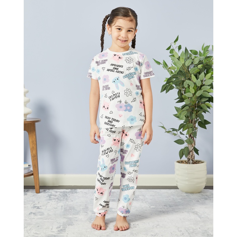 Girls White All-Over Print Pyjama Set (2 Piece)
