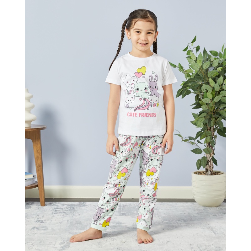 Girls White Bunny Print Pyjama Set (2 Piece)