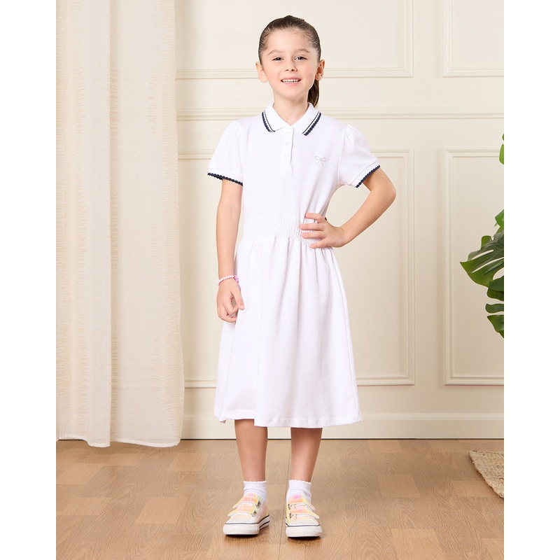 Girls White Embellished Pique Polo Dress
