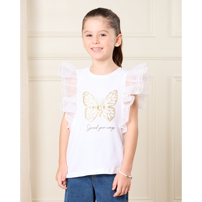 Girls White Embellished With Organza Frill Sleeve Top