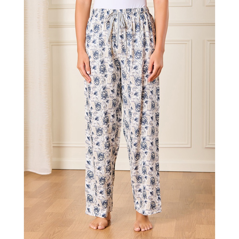 Women Beige And Navy Printed Pyjama Bottom