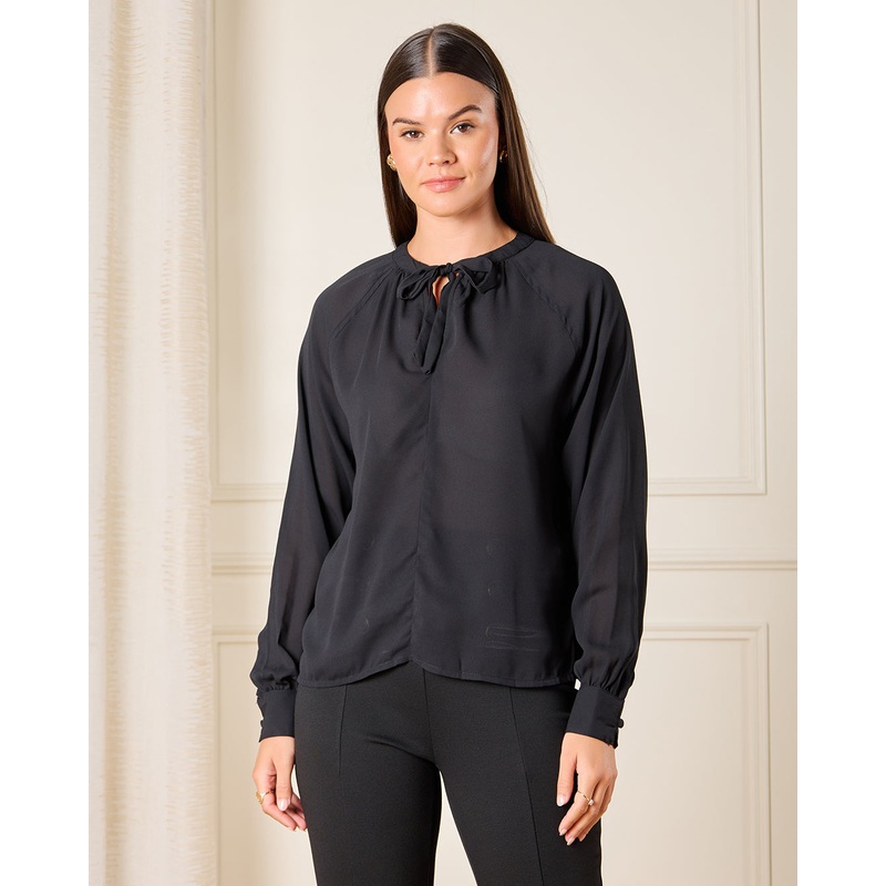Women Black Tie Up Neck Blouse