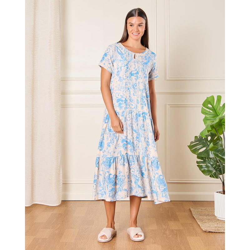 Women Blue And Beige Printed Nightgown