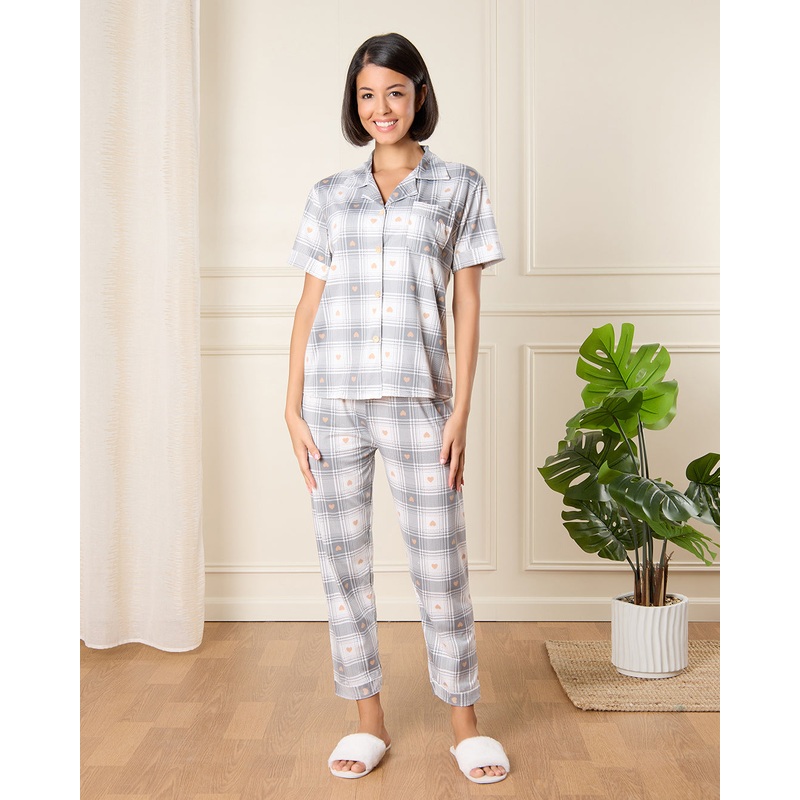 Women Blue Checkered Pyjama Set (2 Piece)