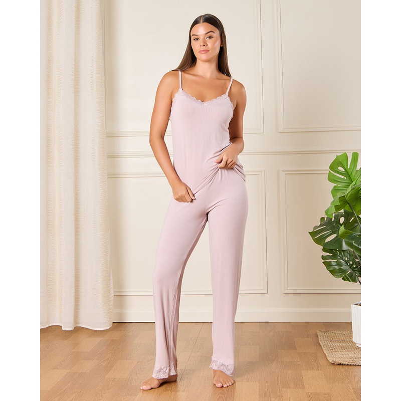 Women Grey Lace Long Pant Cami Set (2 Piece)
