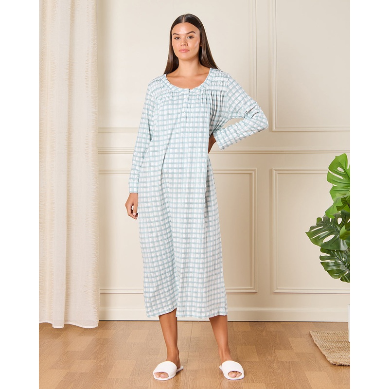 Women White Checkered Nightgown